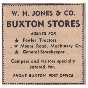 Shows a newspaper advertisement for the Buxton General Store in Victoria. Outlines goods and services available at the store and the proprietor's name.