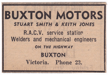 Shows a small newspaper advertisement for Buxton Motors. Shows the names of the proprietors and the services they offer as well as the business's telephone number.