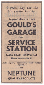 Shows an advertisement from a newspaper for Gould's Garage and Service Station in Falls Road in Marysville. Shows the services and products available as well as the telephone number for the business.