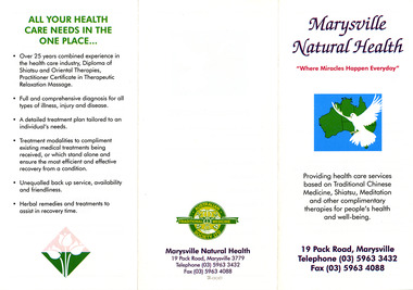 Shows an advertising brochure for Marysville Natural Health in Victoria. Shows all the services and remedies available to patients. Shows contact details and the names of the practitioners.