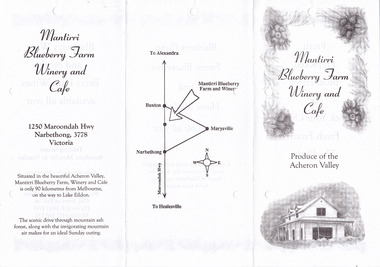 Shows an advertising brochure for Mantirri Blueberry Farm Winery and Cafe in Narbethong in Victoria. Shows a map indicating the location of the farm. Shows what produce is available and the contact details of the farm as well as the opening hours.