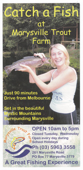 Shows an advertising brochure for the Marysville Trout Farm in Victoria. Shows a lady holding a trout. Shows the opening hours, the telephone number and the address of the trout farm. Shows what activities and facilities are available at the trout farm. Shows the costs involved with a small map showing the location.