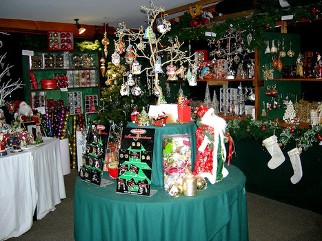 Shows the part of the interior display and the items available to purchase in The Christmas Shop in Marysville.