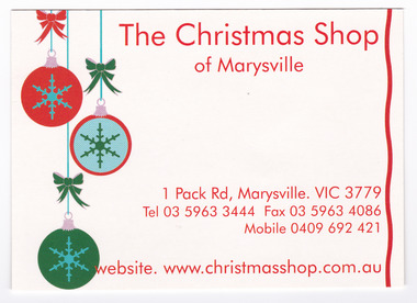 Shows the details for The Christmas Shop in Marysville. Shows the address, telephone numbers and the website address.