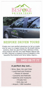 Shows an advertising brochure for Bespoke Driven Tours based in Narbethong in Victoria. 