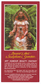 An advertising brochure for Bruno's Art and Sculptures Garden. Shows a photograph of one of the sculptures with information regarding the gallery and gardens below.