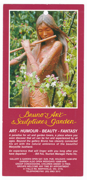 An advertising brochure for Bruno's Art and Sculptures Garden. Shows a photograph of one of the sculptures with information regarding the gallery and gardens below.