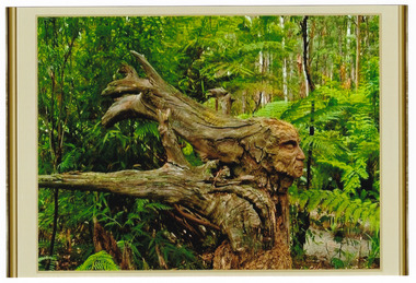 Shows a man whose face, hair and body have been carved using the form of a fallen tree. The man's hair is long and flowing. The man has his eyes closed.