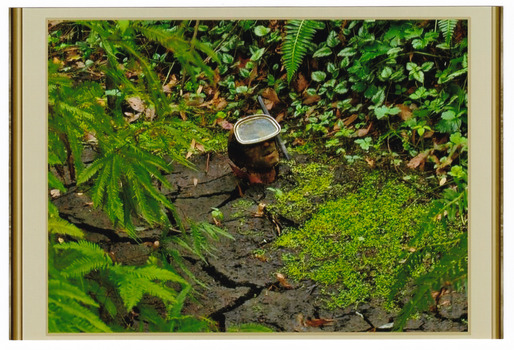 Shows a terracotta sculpture of a man wearing a diving mask looking up out of the ground. The ground around the man is all cracked.