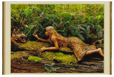 Shows a terracotta sculpture of a girl wearing a dress with long hair lying along an old moss covered log. The girl is offering something to a possum that has a male fairy like person on its back. The fairy is carrying a flower.