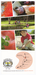 Shows photographs showing produce available at the farm including caviar. Shows a photograph of people sitting at a picnic table with others fishing from a pond. Shows a photograph of a small boy holding a fish. Below the photographs is the logo of the farm and a small map with directions to the farm along with the address of the farm. On the reverse of the brochure is an outline of the experience available at the farm as well as the quality of the fish able to be caught at the farm. There is also the address, the website address, email address and telephone number of the farm.