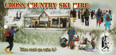 Shows an advertising brochure for Cross Country Ski Hire in Marysville in Victoria. Shows a photograph of the facade of the shop with images of people enjoying different activities in the snow up at Lake Mountain. Reverse of brochure shows the shop's telephone numbers, the website and email addresses. Also lists rates of hire for the various goods available for hire at the shop.