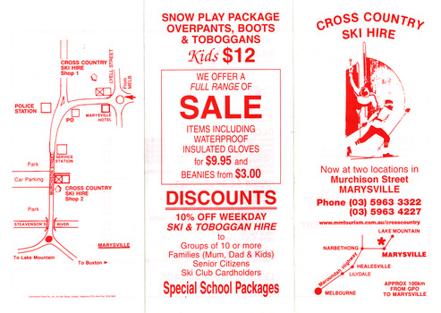 Shows an advertising brochure for Cross Country Ski Hire in Marysville in Victoria. Shows the locations, telephone numbers with a small map of the location. Shows a listing of goods available and the cost of hiring the goods. Shows a map indicating the location of the two shops in Marysville.