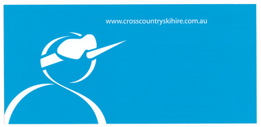 Shows an advertising brochure for Cross Country Ski Hire in Marysville in Victoria. Shows the website on the front with details of cost of hiring various goods on the reverse.