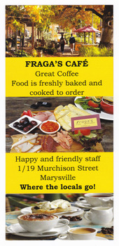 Shows photographs of the outside of the cafe, and some of the goods available to eat and drink. Shows the address of the cafe.