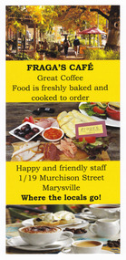 Shows photographs of the outside of the cafe, and some of the goods available to eat and drink. Shows the address of the cafe.