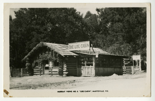 Shows the front facade of The Log Cabin in Marysville in Victoria.