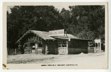 Shows the front facade of The Log Cabin in Marysville in Victoria.