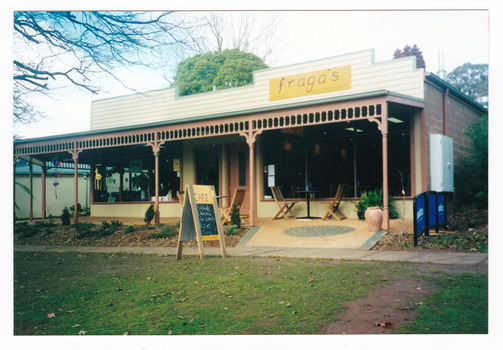 Shows the front facade of Fraga's cafe restaurant in Marysville in Victoria.