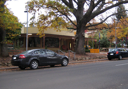 Shows the front facade of Fraga's cafe restaurant in Marysville in Victoria.
