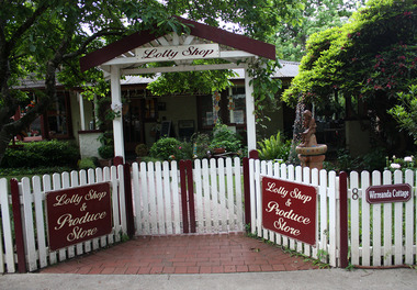 Shows the front entry gate at the Lolly Shop in Marysville in Victoria. Shows a wooden picket fence with a wooden arbor above the gate. There are signs placed along the fence. In the background can be seen the front facade of the shop.