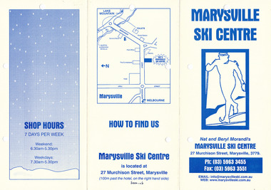 Shows an advertising brochure for Marysville Ski Centre in Victoria. Front shows the proprietor's names, the address and telephone numbers as well as the website and email addresses. Reverse shows a small map of the town indicating the location of the business. In the fold out middle is information on the type of equipment that is available for hire along with a table showing various hiring packages and their costs.