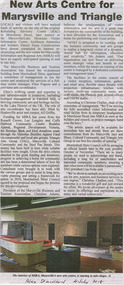 Shows a newspaper article on the refurbishment of the arts centre in Marysville in Victoria. Shows a photograph of the interior under refurbishment.