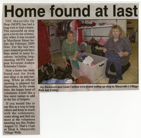 Shows a newspaper article regarding the opening of new premises for the Marysville Opportunity Shop in Victoria.
