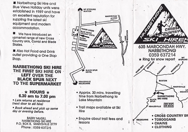 Shows an advertising brochure for Narbethong Ski Hire in Victoria. Front shows a map indicating the location of the ski hire shop within the district with the logo for the shop above. Reverse shows goods and services available at the shop as well as the opening hours. Also shows a map indicating the location of the shop within Narbethong. Inside fold out shows a list of clothes and equipment available for hire and the cost of such, postal address and telephone numbers. 
