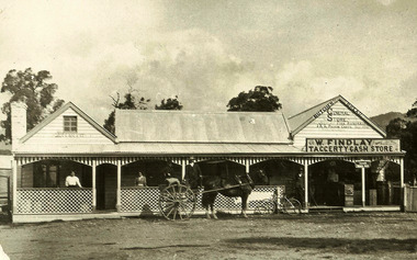 Shows the Taggerty General Store in Victoria. Shows a weatherboard building with a corregated iron roof and a brick chimney. Shows a building with a verandah along the front length of the building. Shows two ladies standing at one end of the building under the verandah and a group of people standing at the other end, also under the verandah. At the right hand end of the building, above the verandah, are signs with the name of the proprietor and the name of the store along with signs for butcher and bread. Standing in front of the building is a small horse drawn sulky with two men on board and next to that is a bicycle leaning against the verandah. 