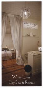 Shows an advertising brochure for White Lotus Day Spa and Retreat in Narbethong in Victoria. Front shows a view of the inside of the day spa and reverse shows details of the retreat.