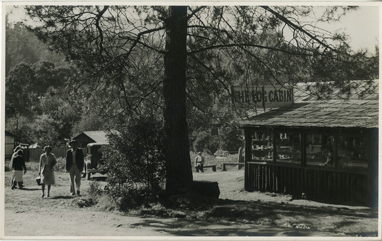 Shows The Log Cabin in Marysville in Victoria. Shows people walking around the building. Next to the building is a large tree. The inside of the shop can be seen through the windows.
