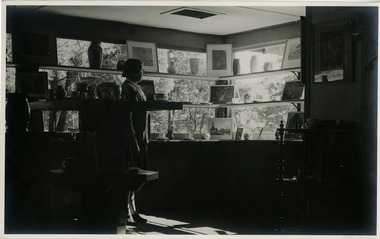 Shows a view inside The Log Cabin in Marysville in Victoria. There are shelves with various items placed on them including vases and pictures. There is a lady standing looking out at the view from the shop.