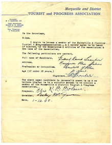 Shows a letter of proposal to become a member of the Marysville District Tourist and Progress Association.