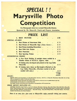 Shows a notice of an advertisement for a photo competition in Marysville in Victoria. Lists the catagories and the prize money offered. Also lists the rules and the donators of the prize money.