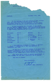 Shows a circular that was sent on November 17th, 1964 to members of the Marysville Tourist and Progress Association requesting assistance in raising funds to assist in the promotion of tourism in the district. The circular has been printed onto blue paper.