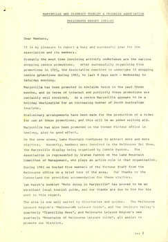 Shows the President's Report for the Marysville and District Tourist and Progress Association for the years of 1981 to 1982.