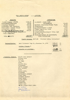 Shows the Treasurer's Report for the Marysville Tourist & Progress Association as at January 1st, 1982.