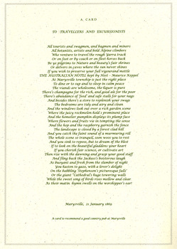 Shows a card with a poem to travellers and excursionists promoting The Australia Hotel in Marysville and some of the local attractions.