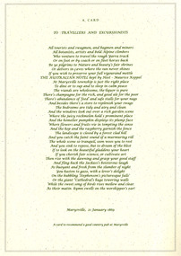 Shows a card with a poem to travellers and excursionists promoting The Australia Hotel in Marysville and some of the local attractions.