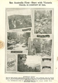 Shows a page from a magazine showcasing Marysville and some of the local beauty spots. Shows a series of five photographs of scenes of Marysville and some local natural beauty spots to visit.