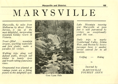 Shows a page from a magazine showcasing Marysville and attractions and activities to do in and around Marysville and the district. Shows a photograph of Cora Lynn Falls.