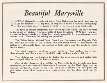 Shows an advertisement for Marysville and attractions in an around the area.