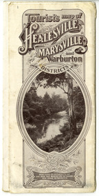 Shows a tourist map for Healesville, Marysville and Warburton that was produced by the Tourists Resorts' Committee. Shows a map of the region with information on each of the destinations and their surrounds. Front cover has an illustration of the Yarra River.