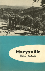 Shows a tourist brochure showing showing informaton for travelling to Marysville from Melbourne and accommodation venues in Marysville. Front cover shows a photograph taken from a lookout overlooking Marysville. Back cover shows some information about Marysville and the surrounds. Inside cover lists days, times and fares to travel by a road service between Melbourne and Marysville. Also shows a list of accommodation venues, their tariffs and the facilities they offer. Also information about Lake Mountain and the availability of transport to the mountain.