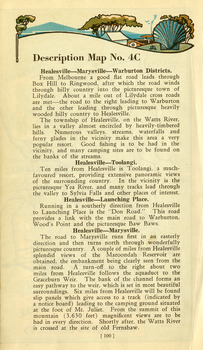 Shows a description of the journey from Healesville through to Marysville and then onto Warburton. Shows a map of the area encompassing Healesville, Marysville and Warburton. Shows a photograph of Wombelano Falls near Kinglake.