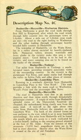 Shows a description of the journey from Healesville through to Marysville and then onto Warburton. Shows a map of the area encompassing Healesville, Marysville and Warburton. Shows a photograph of Wombelano Falls near Kinglake.