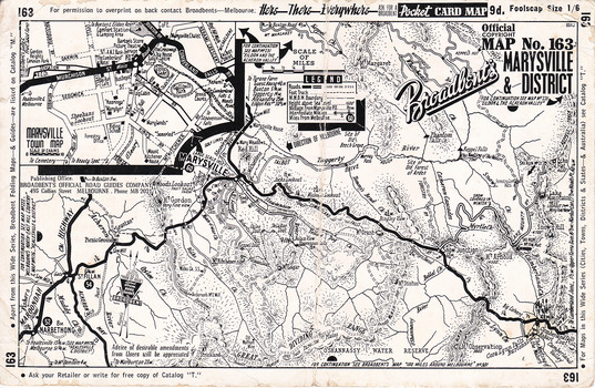 Shows a hand drawn map of Marysville and the district. Shows in top left corner a small hand drawn map of the Marysville township. On reverse shows in red print advertisements for Barton's Store and Marylands Guest House in Marysville.