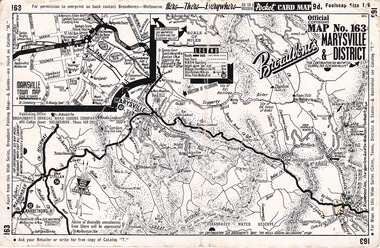 Shows a hand drawn map of Marysville and the district. Shows in top left corner a small hand drawn map of the Marysville township. On reverse shows in red print advertisements for Barton's Store and Marylands Guest House in Marysville.