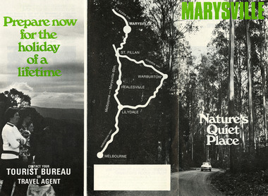 Shows a tourist brochure outlining the natural beauty and environment for visitors and tourists to Marysville. Shows various photographs of some of the natural attractions and activities in an around Marysville. Shows a map of the journey from Melbourne to Marysville.